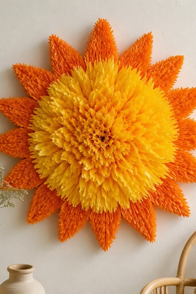 A yellow tissue sunburst flower with orange fringed rays, arranged like a wall hanging with a flat starburst silhouette.