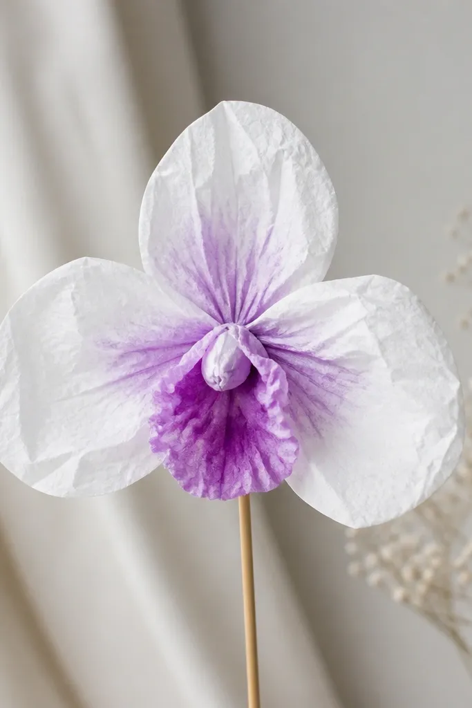 An orchid-like tissue flower in white with purple accents, with three broad petals and a small ruffled center, mounted on a wooden skewer.