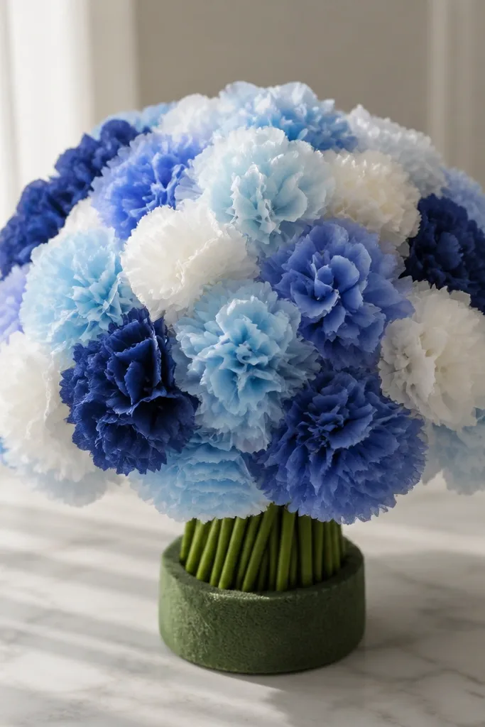 A hydrangea-like bunch made from mini tissue puffs in multiple blues and whites, gathered on a foam pad with a visible stem base.