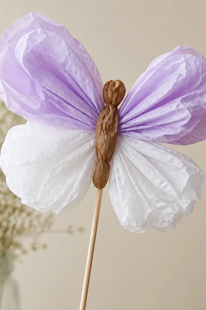 A whimsical butterfly-shaped tissue flower with two wings in lavender and two in white, plus a small body in brown tissue, attached to a stick.