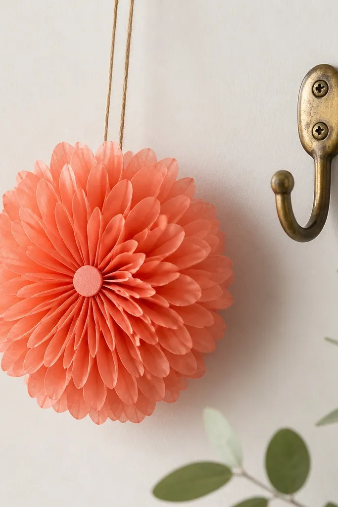 A compact tissue flower designed for hanging, with layered petals in coral and a small flat center, shown next to a wall hook.
