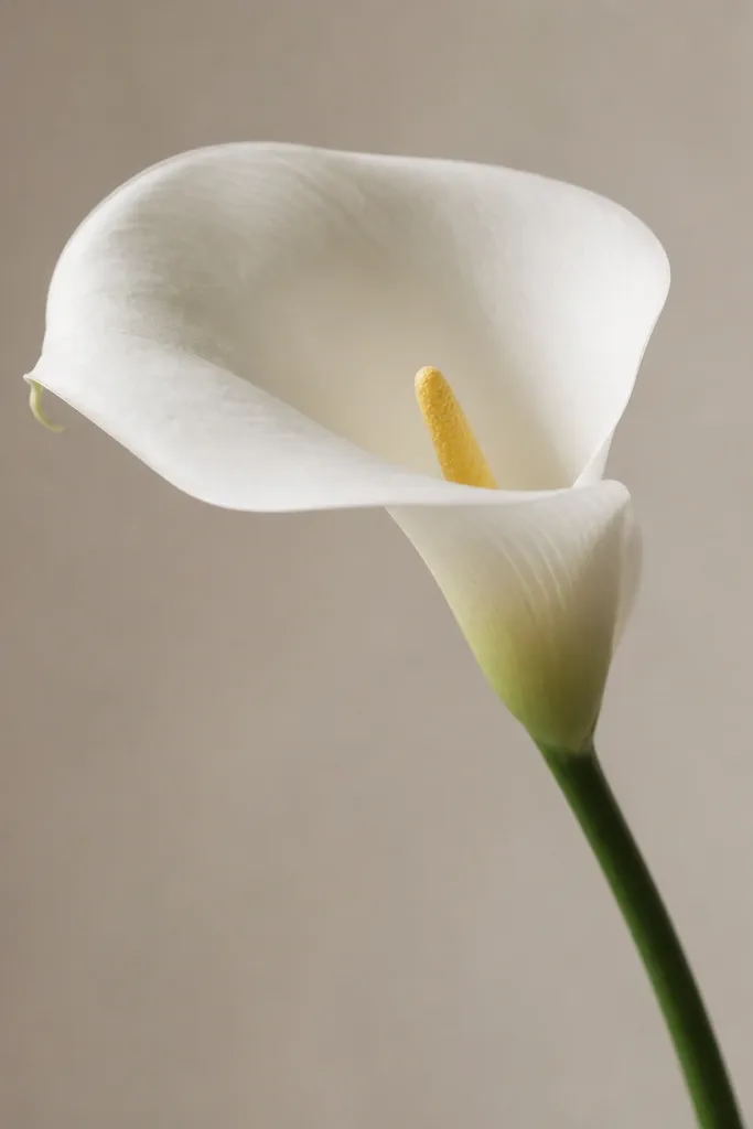 A calla lily tissue bloom in white with a yellow center spadix, mounted on a thin green stem, leaning slightly like a real lily.