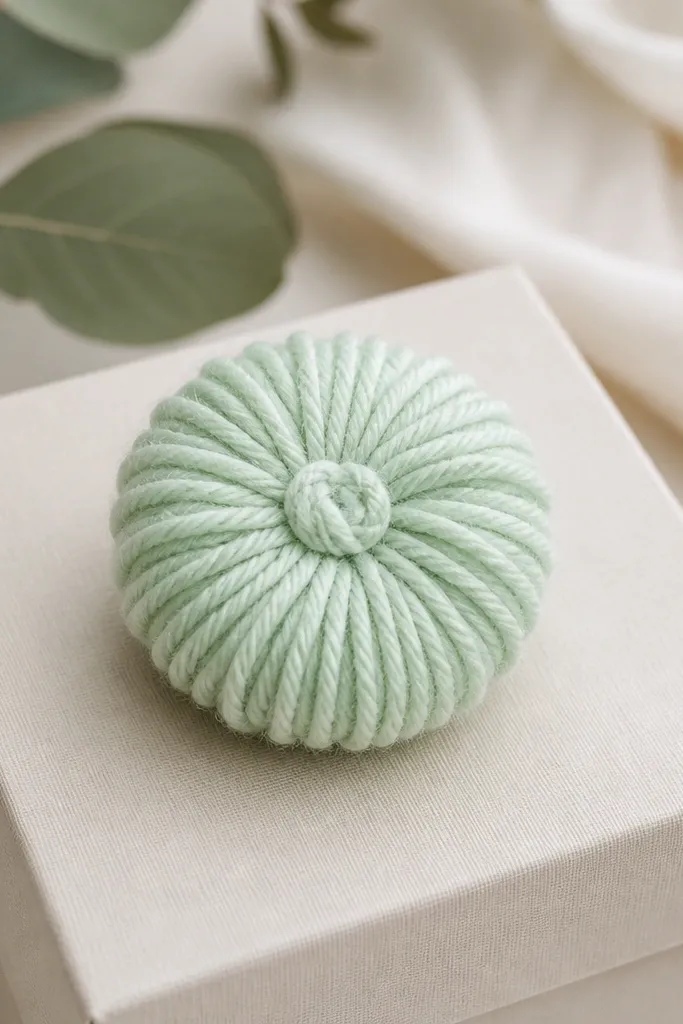 A small rolled pom flower in pastel mint with a twisted center knot, displayed on a gift box lid.