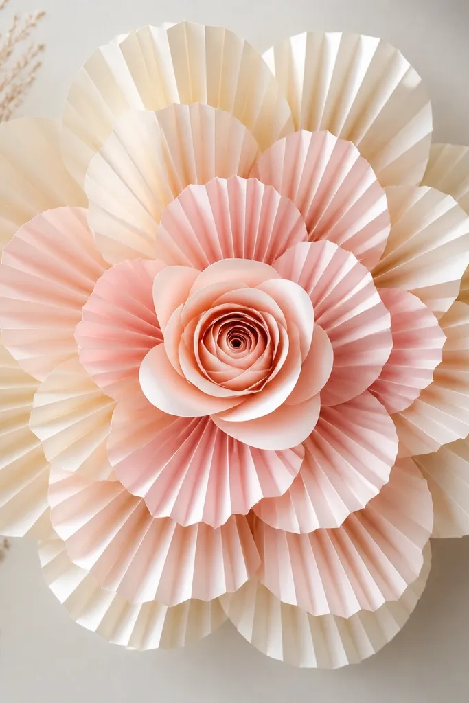 A layered fan flower with a rose-like center, using cream and pale pink tissue fans around a curled center.