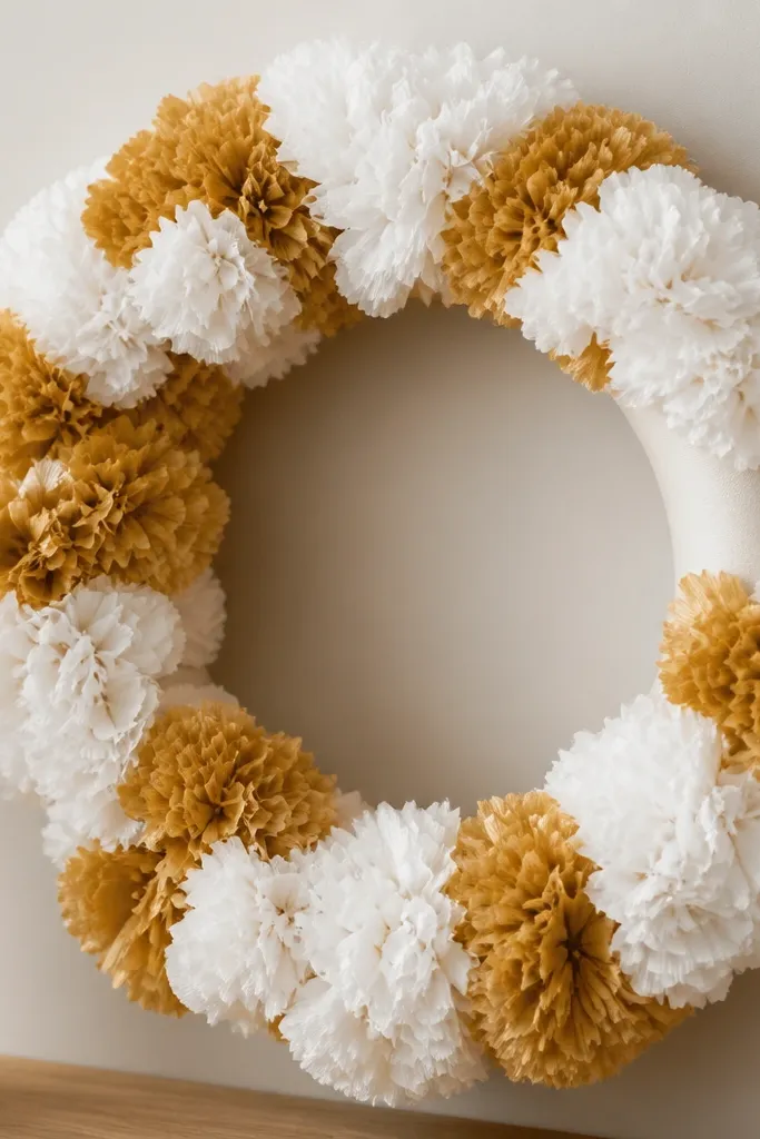 A wreath made from a foam ring covered with tissue flower clusters in white and gold, with visible ring shape at the back.
