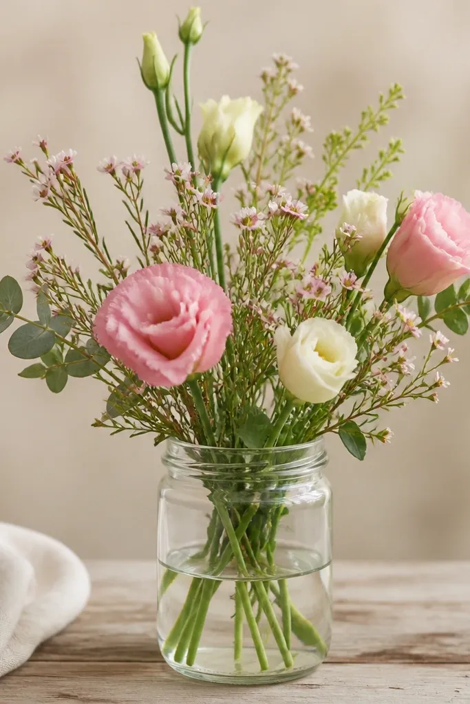 A small bouquet of tissue buds and tiny blooms in mixed pink, white, and green, arranged in a jar with stems of different lengths.