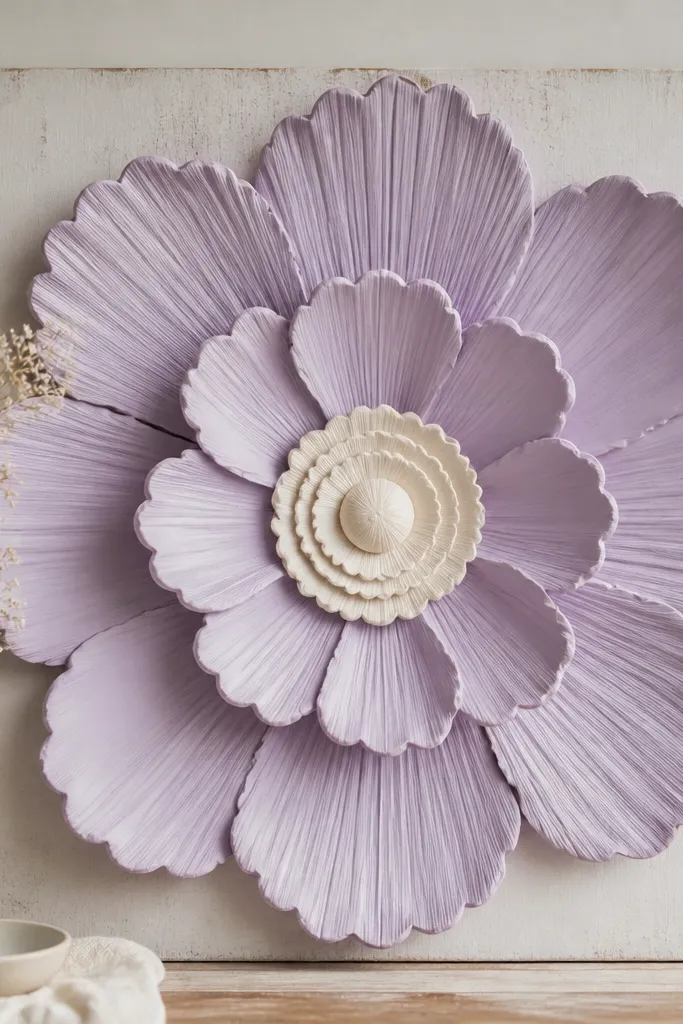 A giant flower in lavender with wide scalloped petals and a layered scalloped center disc in cream, mounted on a board.