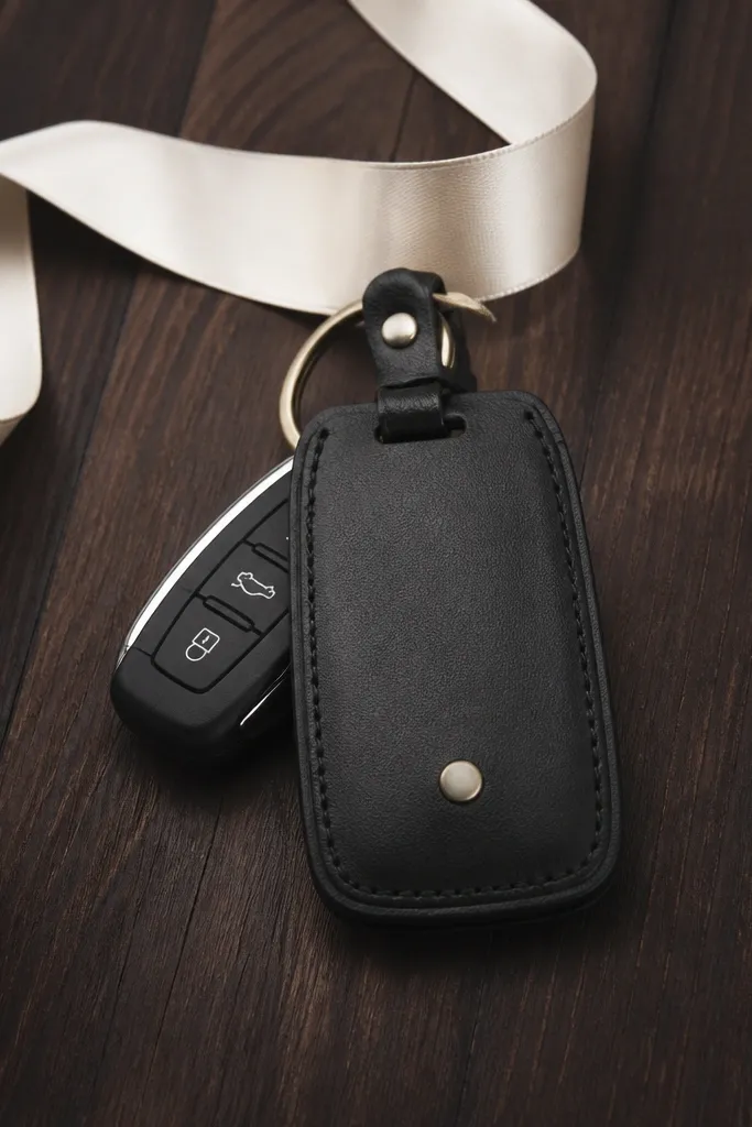 A black leather-look key fob cover with a small brass-colored stamped circle on the front, attached to a car key fob, photographed on a dark wood table with a cream ribbon beside it.