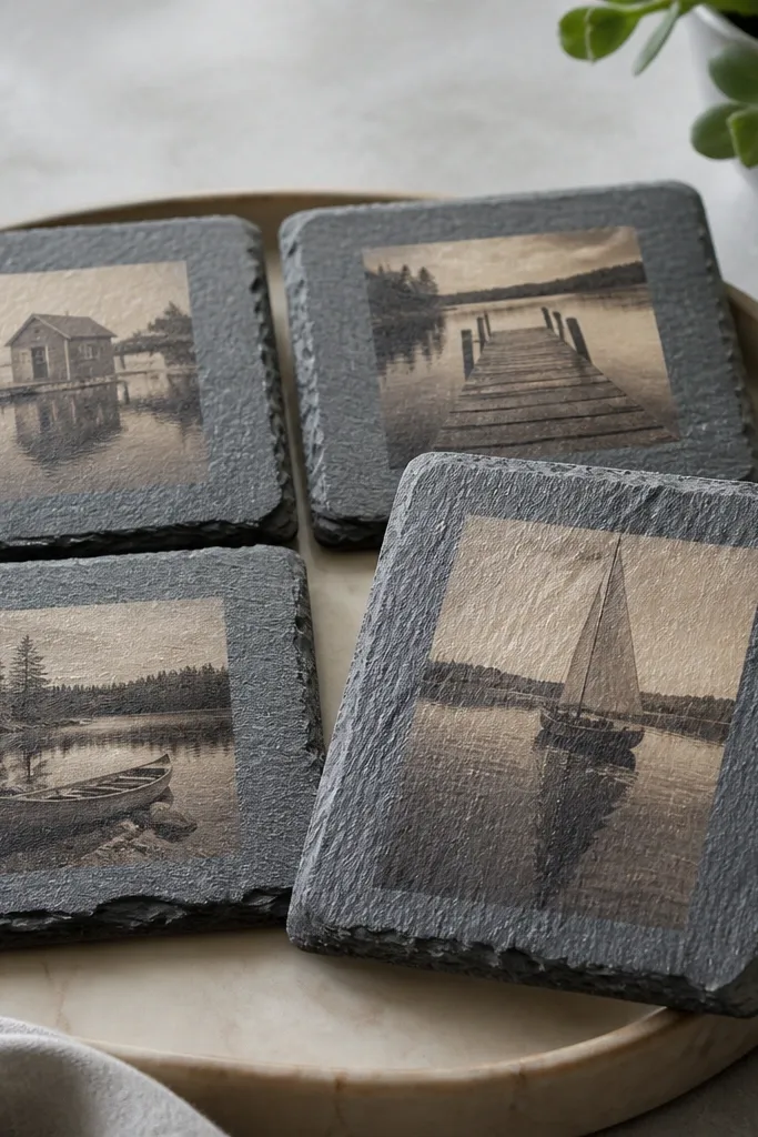 Four gray slate coasters on a tray, each with a small sepia photo transferred into the center, with a black felt backing and one coaster propped at an angle for texture.
