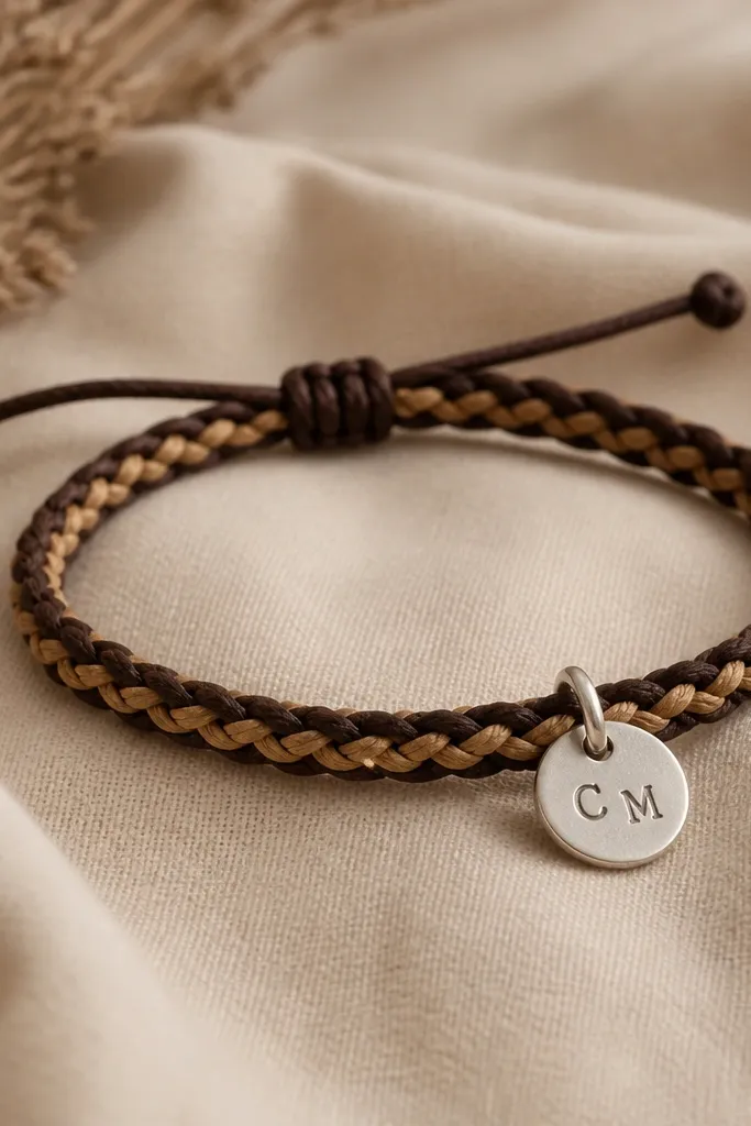 A braided dark brown and tan cord bracelet laid on a beige cloth, with a small silver metal tag stamped with initials and a simple sliding knot closure.