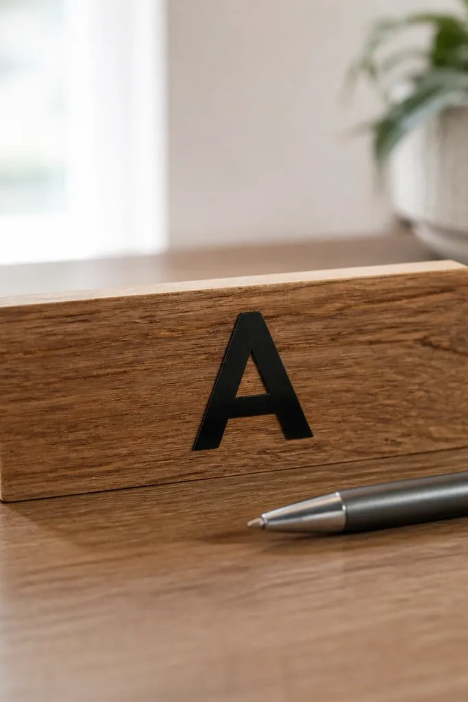 A small rectangular wood nameplate on a desk, unfinished wood edges with a centered black vinyl letter sticker, and a pen resting beside it for scale.
