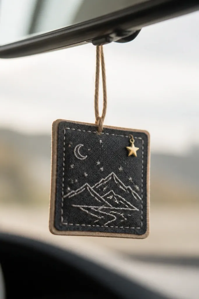 A small cardboard-and-fabric air freshener charm hanging from a rearview mirror, with a stitched quote in white thread on a charcoal backing and a tiny star charm.