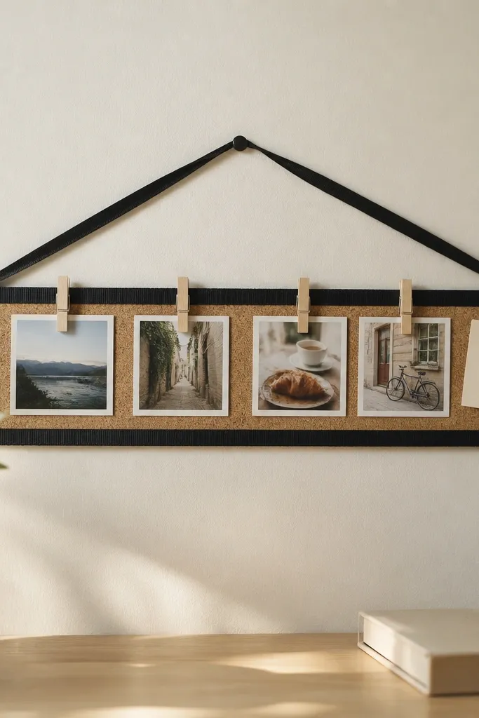 A narrow cork strip pinned with four small photos using tiny wooden clothespins, with a black ribbon border and a small marker note reading 'Our week'.