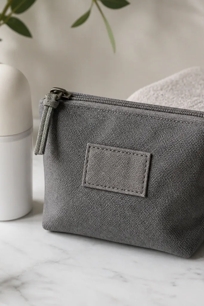 A small fabric sachet in gray canvas with a stitched label and a zipper top, placed next to a deodorant bottle and a folded towel.