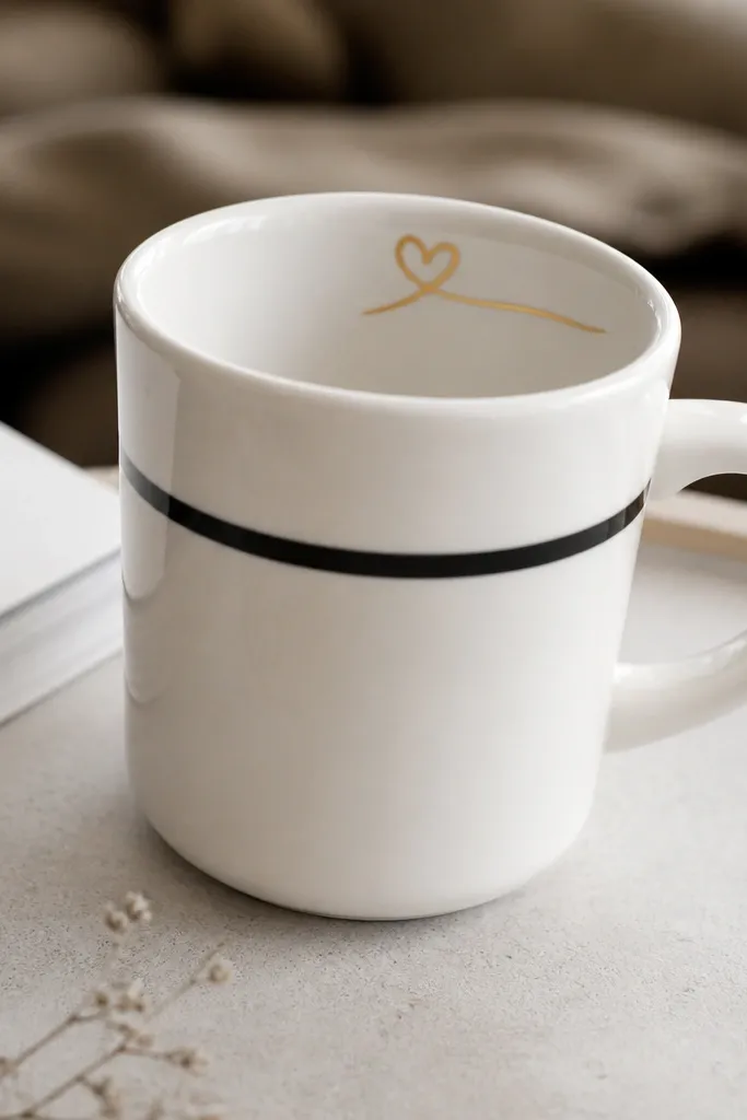 A white ceramic mug with a simple black stripe, and inside the rim a small handwritten message in gold paint visible when you tilt it.