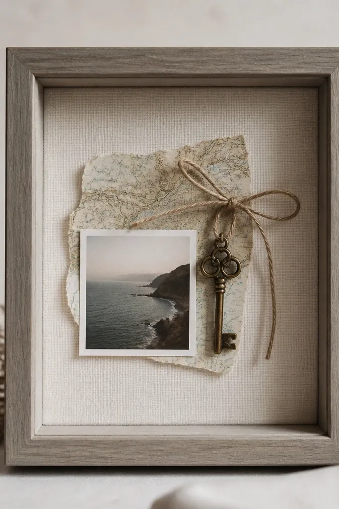 A small shadow box with a torn map piece, a tiny printed photo, and a single metal key charm tied with twine, all on a cream background.