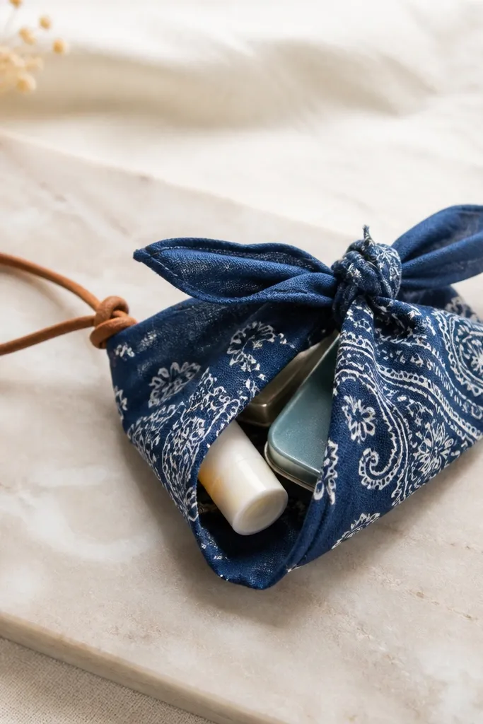 A small bandana pouch tied with a knot, patterned blue bandana fabric, with a leather cord loop and a few items peeking inside like lip balm and mints.