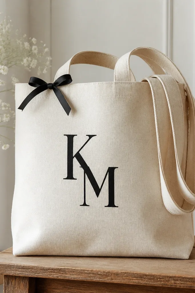 A natural canvas tote bag with black iron-on vinyl initials in the center, with a folded extra tote strap and a small ribbon bow.