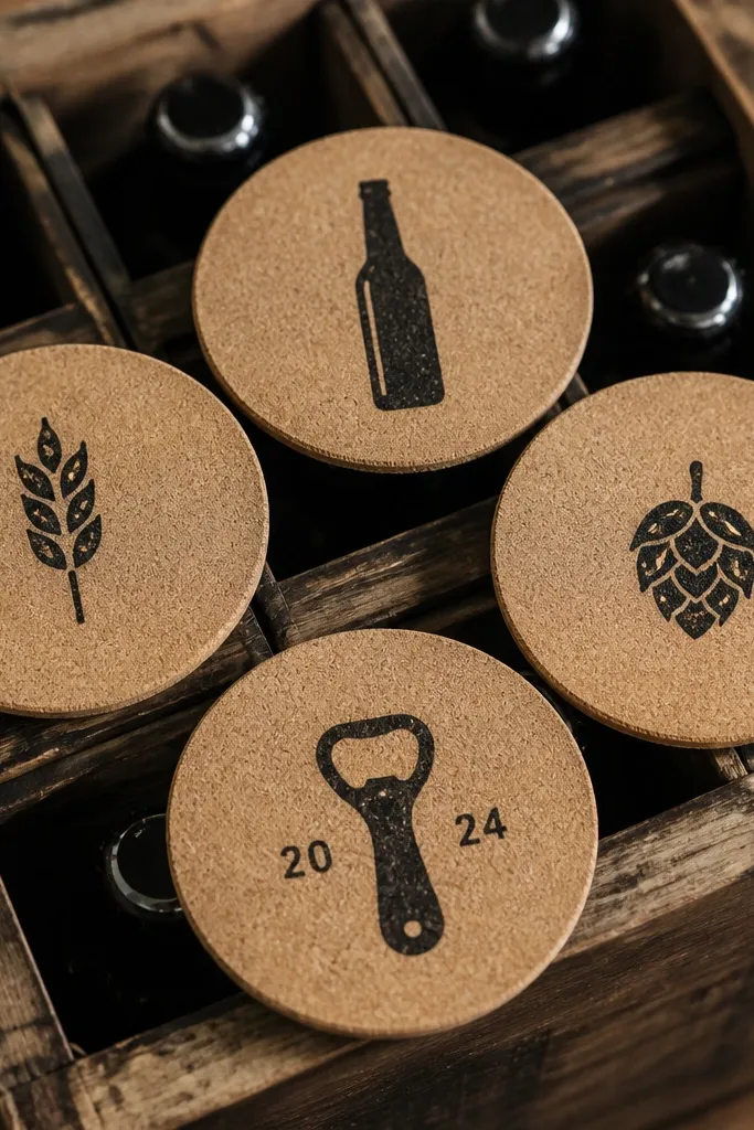 Four round cork coasters with black vinyl icons like a bottle, a hop leaf, and a small date, arranged on a beer crate background.