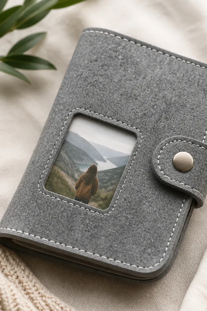 A gray felt travel wallet with a snap button, a small clear window showing a photo, and a stitched border around the edges.