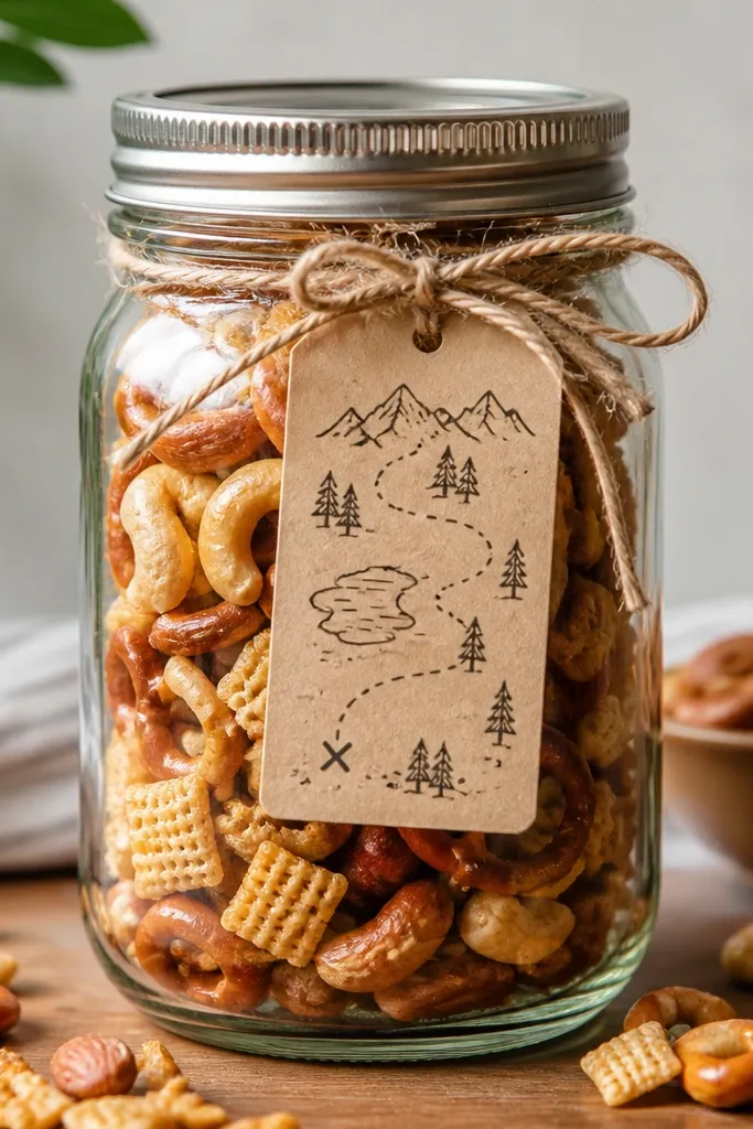 A clear mason jar filled with mixed snacks, a paper label with a handwritten map of flavors, and a twine bow around the lid.