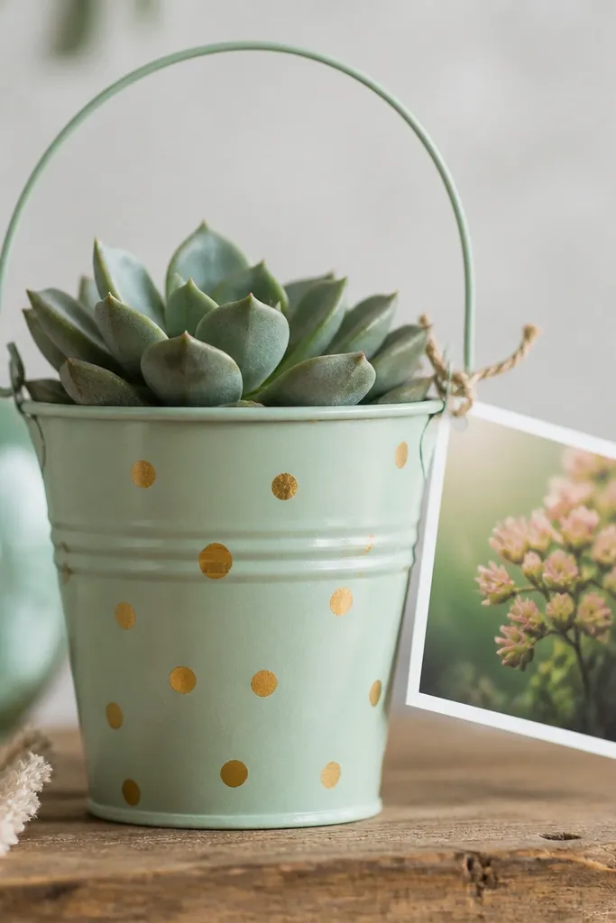 A small succulent in a painted metal tin, with a small photo tag tied to the handle and a gold paint dot pattern on the tin.