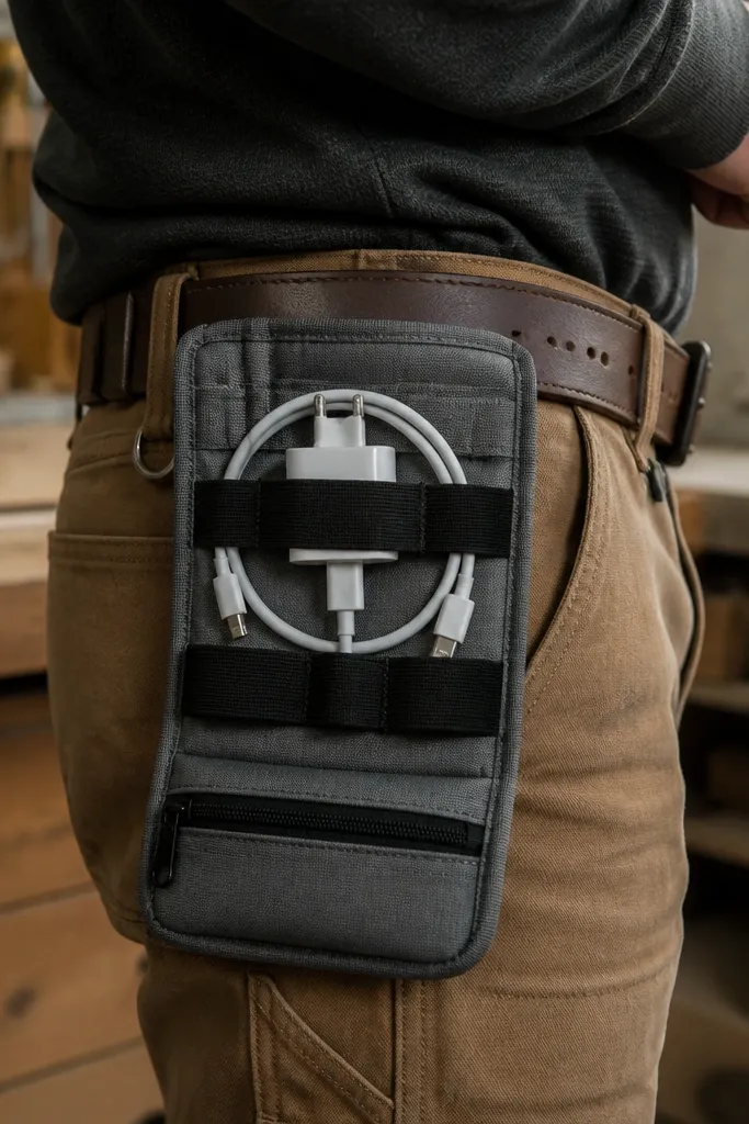 A gray canvas organizer with elastic loops and a small zipper pocket, worn on a belt in a workshop setting, with a phone charger inside.
