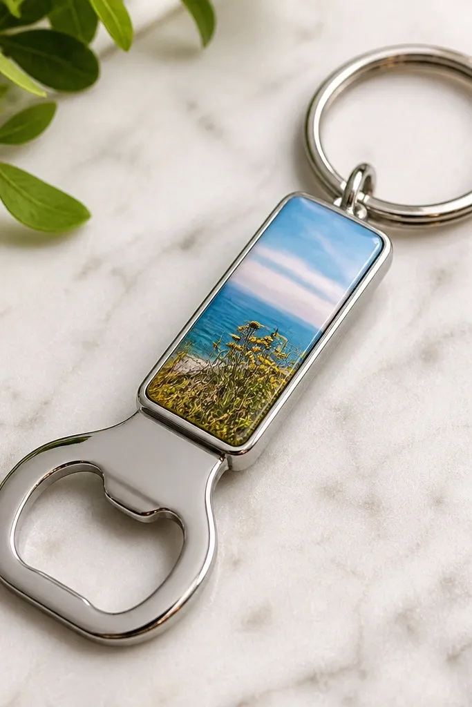 A metal bottle opener attached to a keychain, with a small grip handle wrap made from printed photo paper sealed under clear resin or laminate.