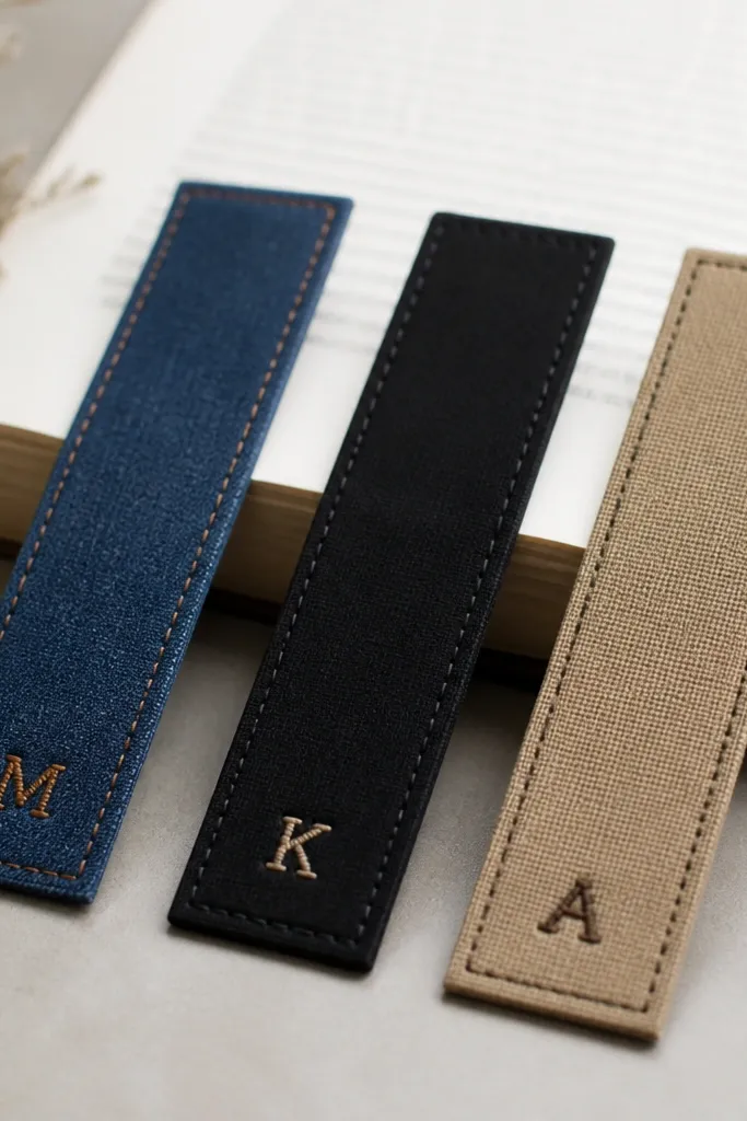 Three fabric bookmarks in different fabrics - denim blue, black cotton, and tan canvas - with stitched borders and a small embroidered initial on each.