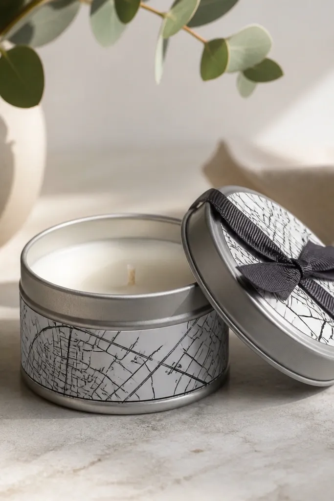 A small candle in a metal tin with a black-and-white label, a tiny map line graphic, and a ribbon wrapped around the lid.