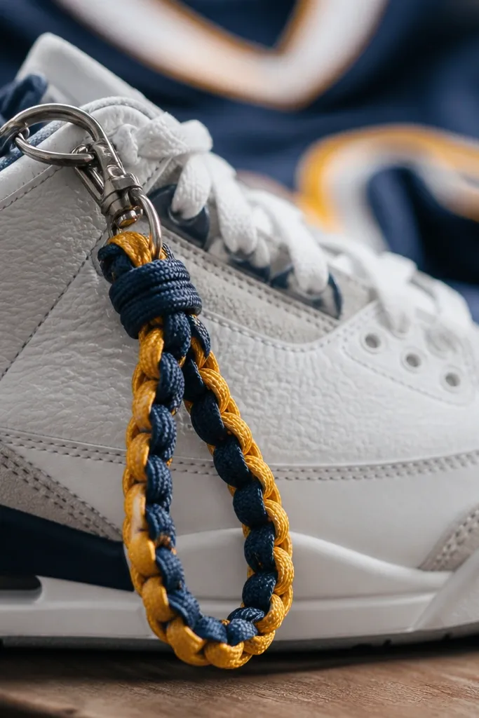 A braided shoelace keychain made from two colored laces, tied into a loop with a small metal clip, photographed on a sneaker with a team jersey in the background blur.