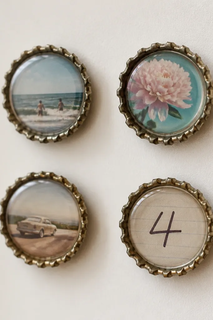 Four bottle cap magnets on a fridge, each with a tiny photo under clear coating, with a handwritten number label on one cap.