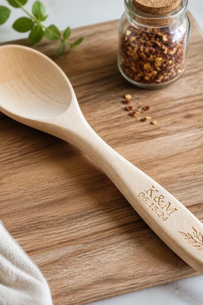 A light wood spoon with a carved or engraved date and initials near the handle, placed on a cutting board with a small jar of spices.