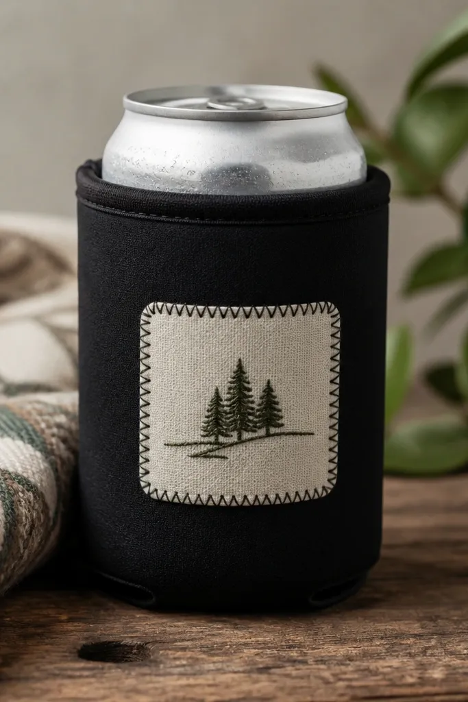 A neoprene can koozie in black with a stitched fabric patch on the front, visible stitching thread and a small embroidered icon.