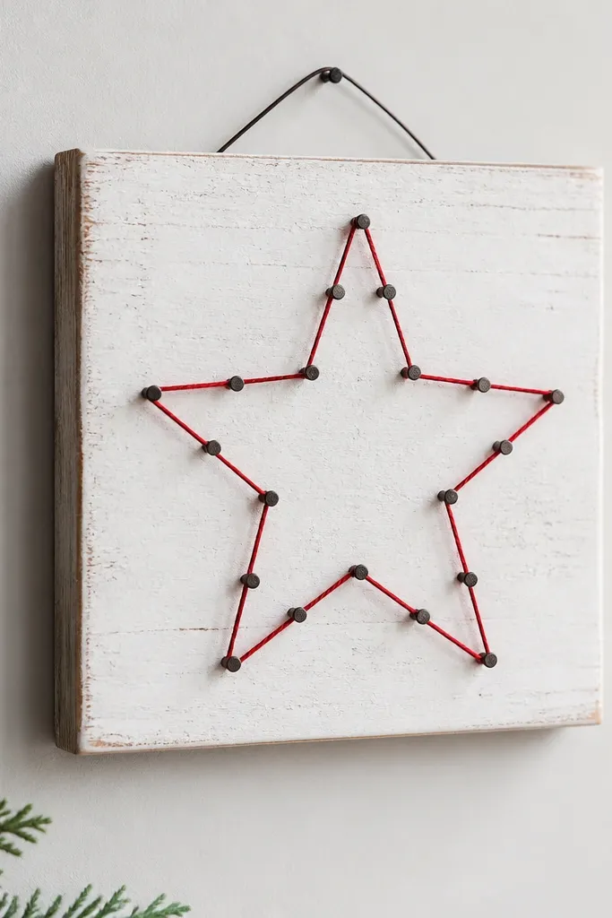 A small square wooden board with a simple star outline made from red thread on white paint, nails forming a neat pattern, hanging with a wire on the back.