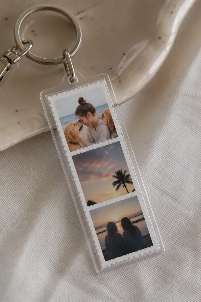 A small laminated photo strip inside a clear plastic sleeve, clipped to a keyring, showing three tiny photos with a stamped border.