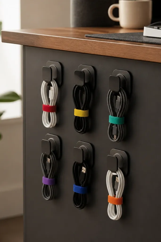 A small grid of command hooks on the side panel of a desk, with cables routed in U-shaped loops. Each loop has a different color twist tie and a tiny label on the hook.