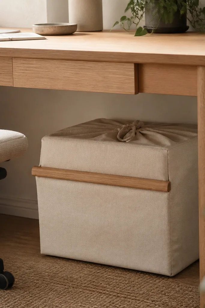 A fabric storage bin tucked under a desk, with a thin wooden strip attached to the front creating a neat lip. The bin is closed with a simple drawstring, and the strip matches the desk wood tone.