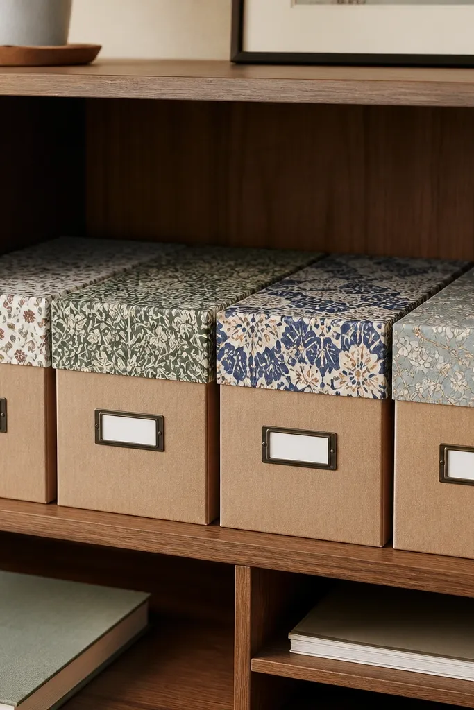 A set of shoeboxes lined up in a desk cubby, with patterned wallpaper glued only on the top lids. The sides stay plain kraft brown, and each lid has a neat label.