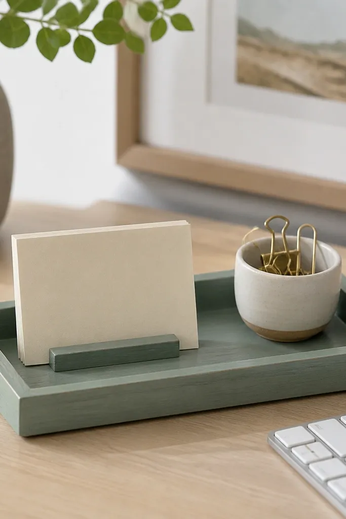 A shallow tray made from painted wood sits on the desk surface near the keyboard, with a small lip. Sticky notes stand upright in one corner, clips in a mini cup in the other.