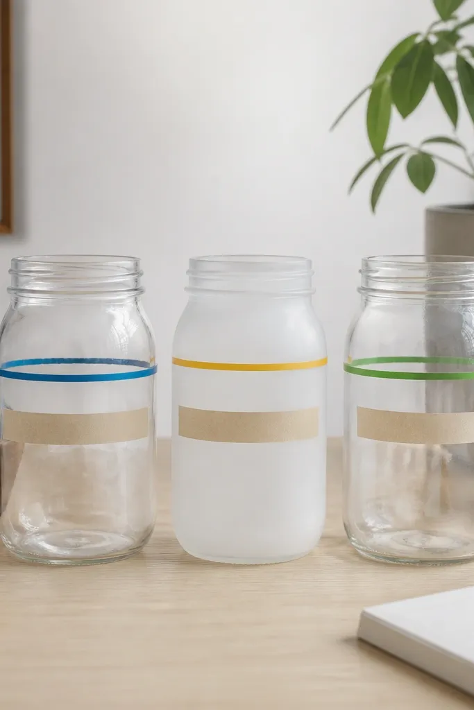 Three mason jars on a desk: two clear and one frosted with spray paint. Each jar has a neat color ring made with paint pen and a label tape strip aligned at the same height.