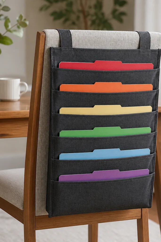 A fabric paper holder strapped over the back of a chair with multiple vertical slots. Color-coded folders slide into each slot, and the holder hangs neatly without touching the floor.