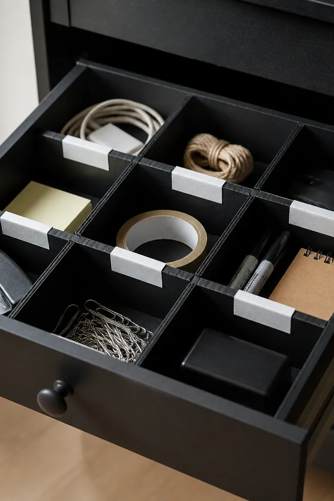 A drawer with compartment dividers made from thick cardboard, covered with matte black packing tape on the edges. Each compartment is labeled with white tape and a black marker.