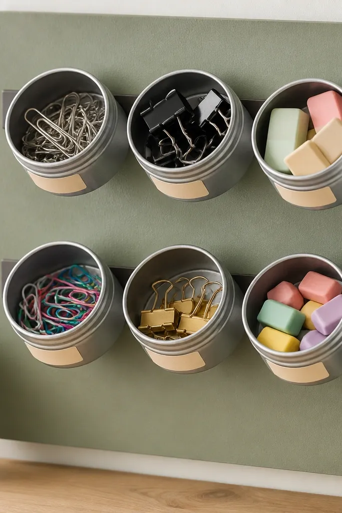 Small metal spice tins mounted on a painted board using magnetic strips. Tins have tiny label tape, and they hold paper clips, binder clips, and small erasers.