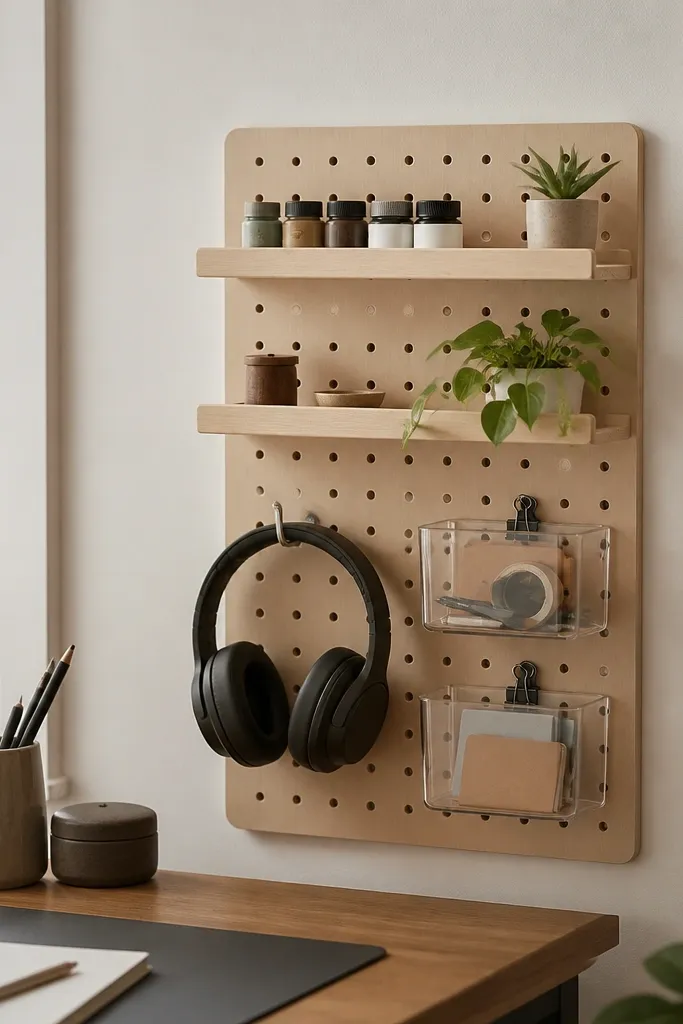 A small pegboard panel next to a desk with two paint-stick shelves. Hooks hold headphones, and clear plastic bins clip to the pegboard with binder-clip style fasteners.
