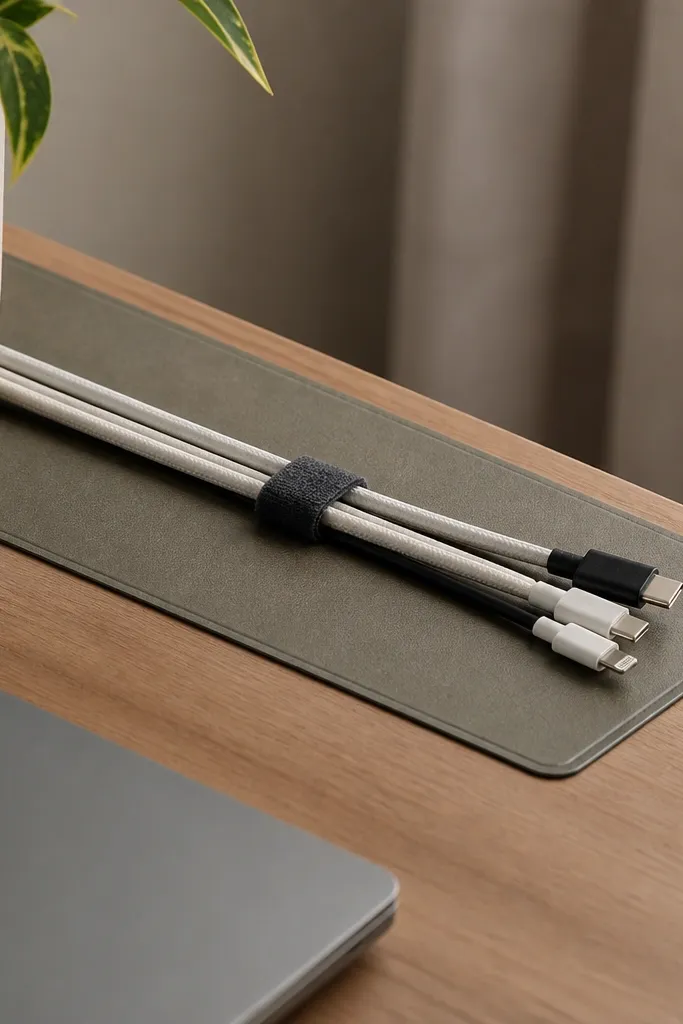 A desk surface with a rectangular laminated place mat near the back edge. Cables rest on it, and a small Velcro strap holds them in place.