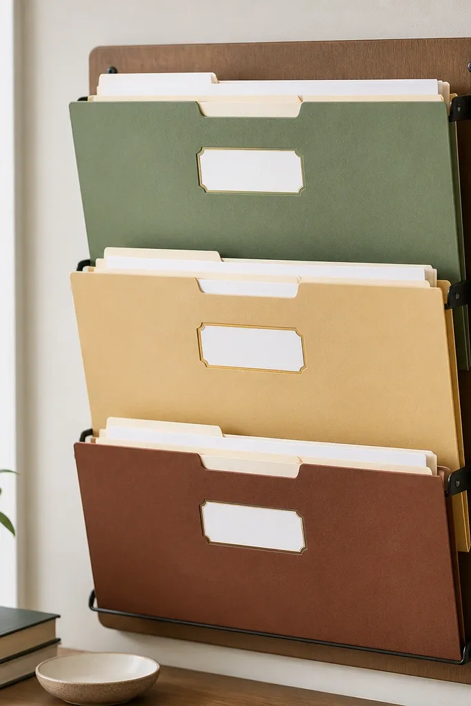A mail sorter made from three hanging file folders mounted on a board. Each folder has a label: Incoming, To Reply, To File.