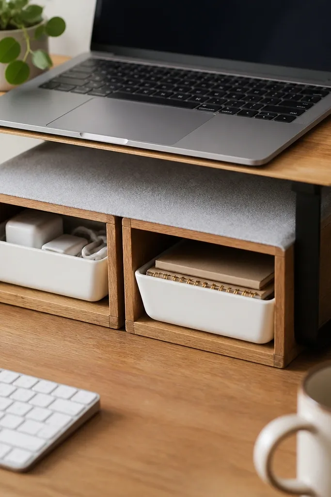 Two small wooden crates under a laptop stand area, topped with a grey shelf liner. Small bins sit inside the crates for chargers and notebooks.