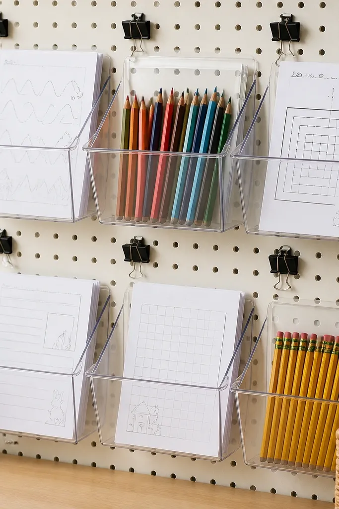 Clear rectangular bins clipped to a pegboard with black binder clips. The bins hold worksheets and pencils, with label tape on the bin fronts.