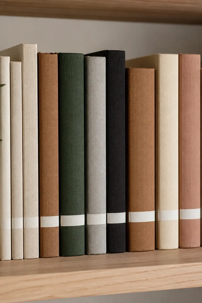 Reference books stored upright with labels on their spines. The labels are aligned in a row and use the same font style made with label tape.